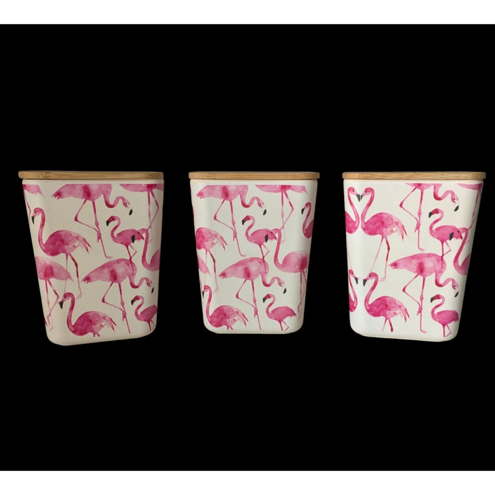 Ciroa Pink Flamingo Square Canisters with Wooden Lids 3 Pc Set Eco Bamboo Fibre